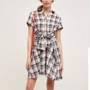 New Anthropologie 11.1 TYLHO Plaid Tie Front Button Down Shirt Dress sz medium